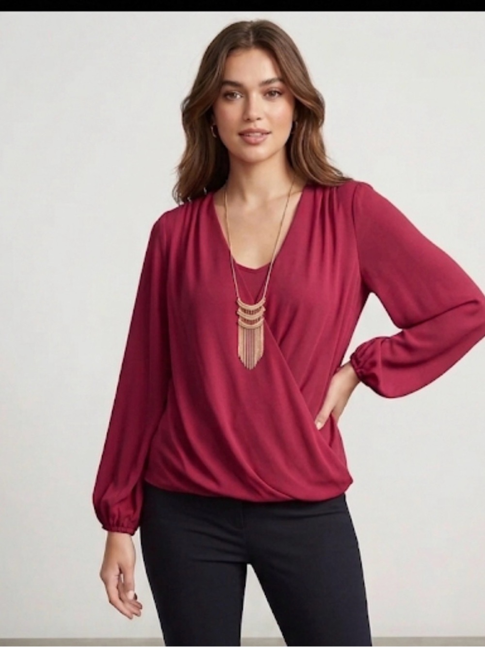 Thalia Sodi Surplice Draped Necklace Trim Long Sleeve Blouse size medium.